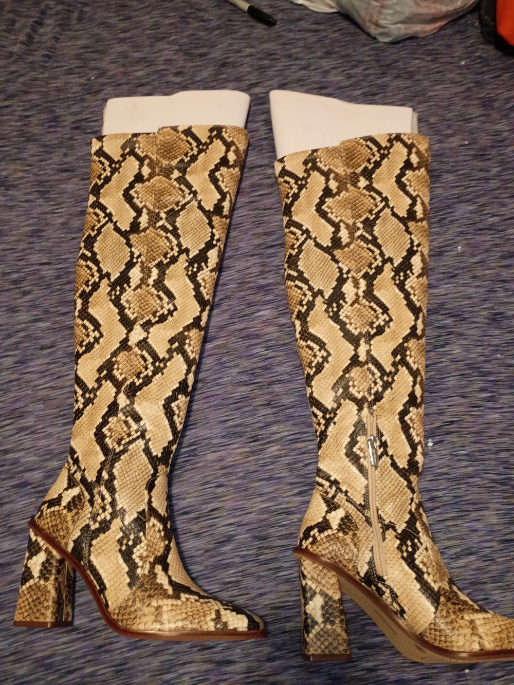 Vince Camuto Snake-Print-Leather Over-the-Knee Block Heel Boots - Beige/Tan